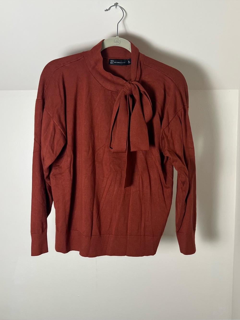 New York & Company Rust Tie-Neck Crew Sweater